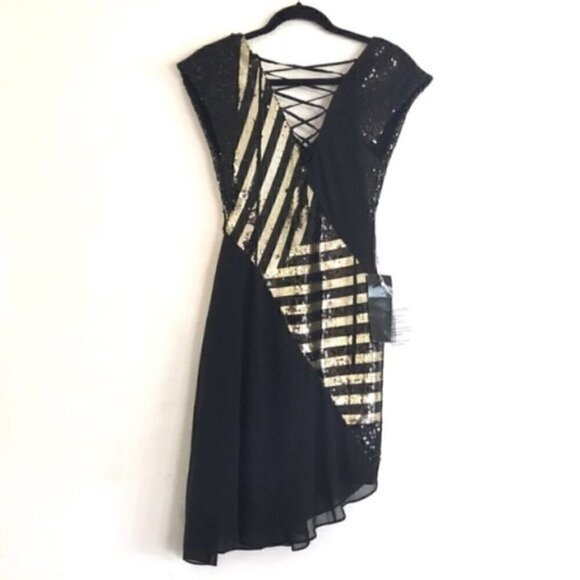 Bebe Dress S NWT Sequin Asymmetrical Sheer Lace Up Holiday New Years Gold - Picture 9 of 11